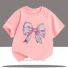Pink Bow Graphic Print Tshirts For Girls Summer Children Casual Cute Comfortable Colorful Tops Kids Oneck Short Sleeve Tees