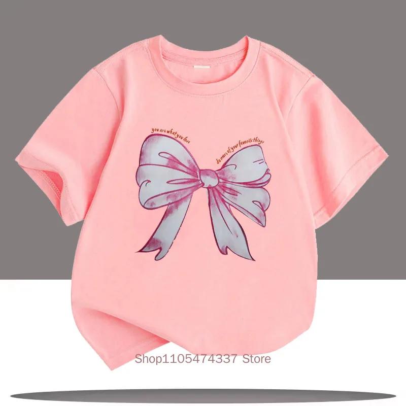 Pink Bow Graphic Print Tshirts For Girls Summer Children Casual Cute Comfortable Colorful Tops Kids Oneck Short Sleeve Tees
