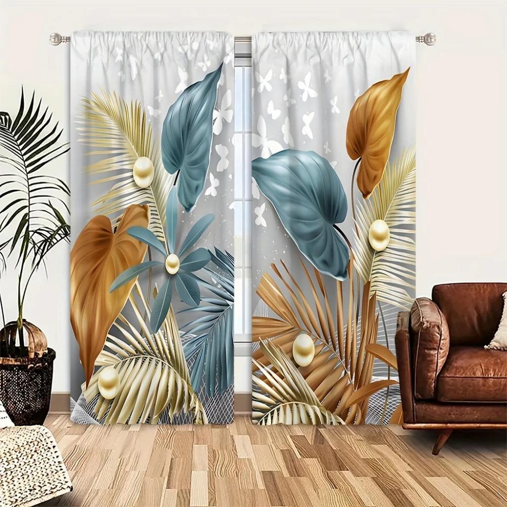 2pcs Luxury Beautiful Flowers Print Curtain Rod Pocket Curtains, Decorative Curtains For Living Room Bedroom Office Home Decor