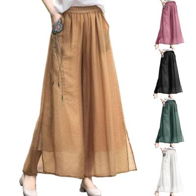 Women's Fashion Double-Layer Wide-Leg Pants Exquisite Embroidered Cotton And Linen Casual Pants