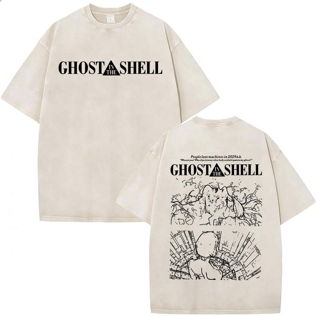 Camisetas Gráficas Vintage Lavadas de Anime Ghost in The Shell Motoko Kusanagi para Hombre y Mujer Moda Camisetas de Manga Corta Oversize