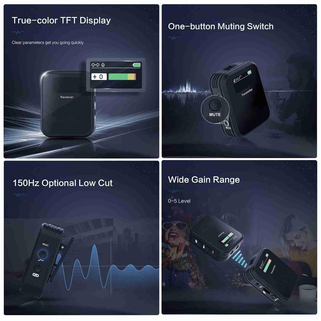 Wireless Lavalier Microphone 2.4G Noise Reduction TFT Screen 1 Channel Lapel Mic System for Vlogging Streaming Black