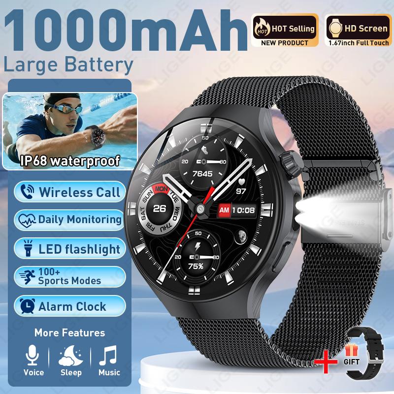 2026 New Military 1000mAh Battery Men's Smart Watch For Men Health Monitoring Bluetooth Call 100+ Sports Mode Flashlight Sport Fitness Smartwatch