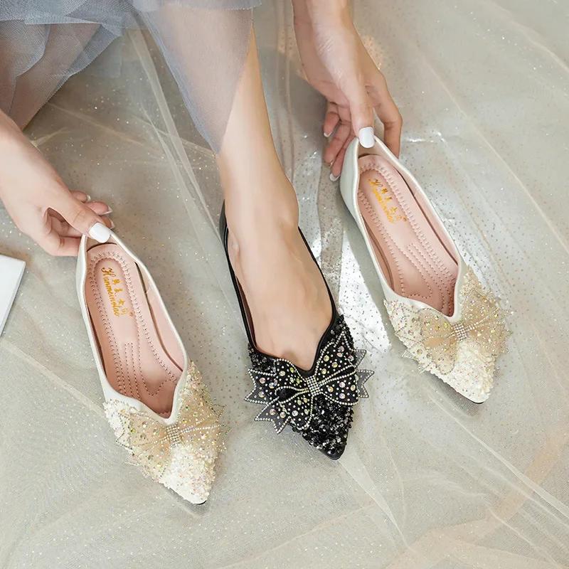 Women Flat Shoes 2024 New Pointed Toe Banquet Rhinestones Sequins Butterfly-Knot Wedding Shoes Female Single Shoes Zapatos Mujer