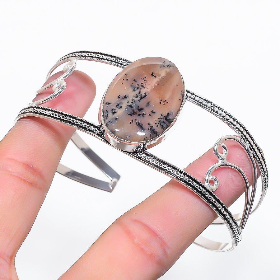 Natural Honey Dendritic Gemstone 925 Sterling Silver Cuff Bangle Adjustable a4T52