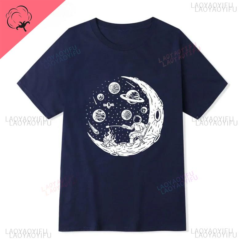 Funny Astronaut Moon Barbecue Print Unique Casual Loose Cool Men Oneck Streetwear Harajuku Allmatch Aesthetic Tshirt Tops