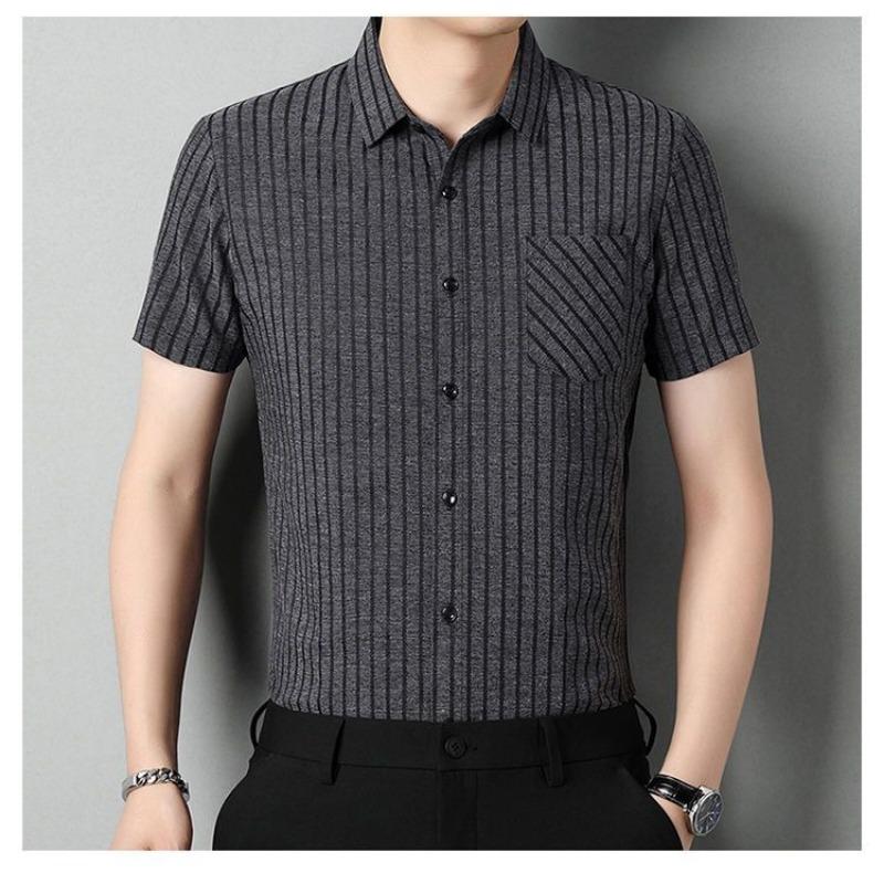 Men's Casual Short Sleeve Striped Shirt Breathable Lightweight Button Down Shirt With Chest Pocket