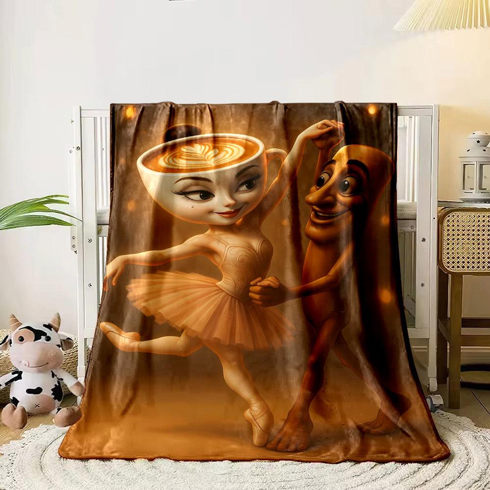 

A coffee cup and a chocolate figure perform a ballet-like dance together. for all seasons blanket lunch break throw gift 80cm x 120cm