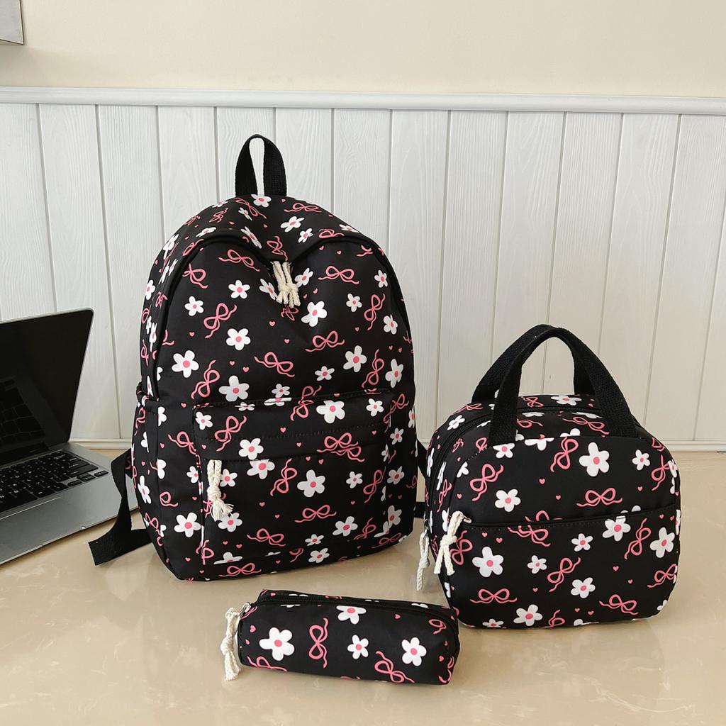 Sweet Simple Bow Tie Floral Three Piece Backpack Lightweight Large Capacity Multifunctional Student Backpack Campus Outdoor