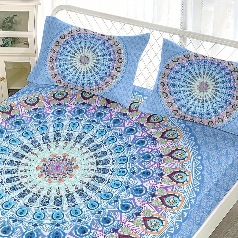 3-Piece Vibrant Blue Mandala Bohemian Fitted Sheet Set - Soft Breathable HD Printing Bedding for Home Dorm - Includes 1 Fitted