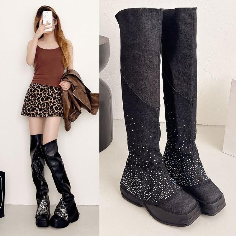 Fashion 2025 Women Fashion Boots Square Heels Shoes Woman High Heel Platform Leather Boots Lace Up Women Sequin Decoration Shoes Boots