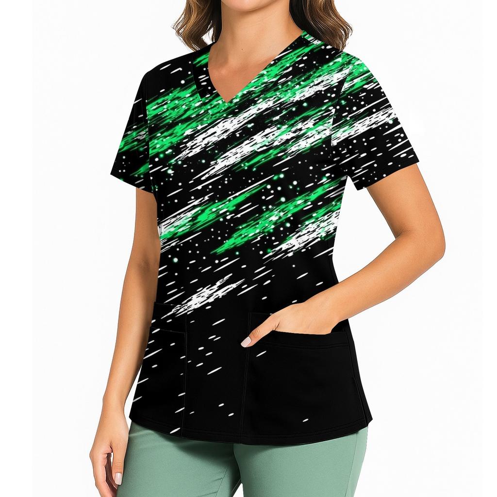 Kvinners avslappet trykket V-hals lomme sideslisse kortarmet topp kortarmet topp