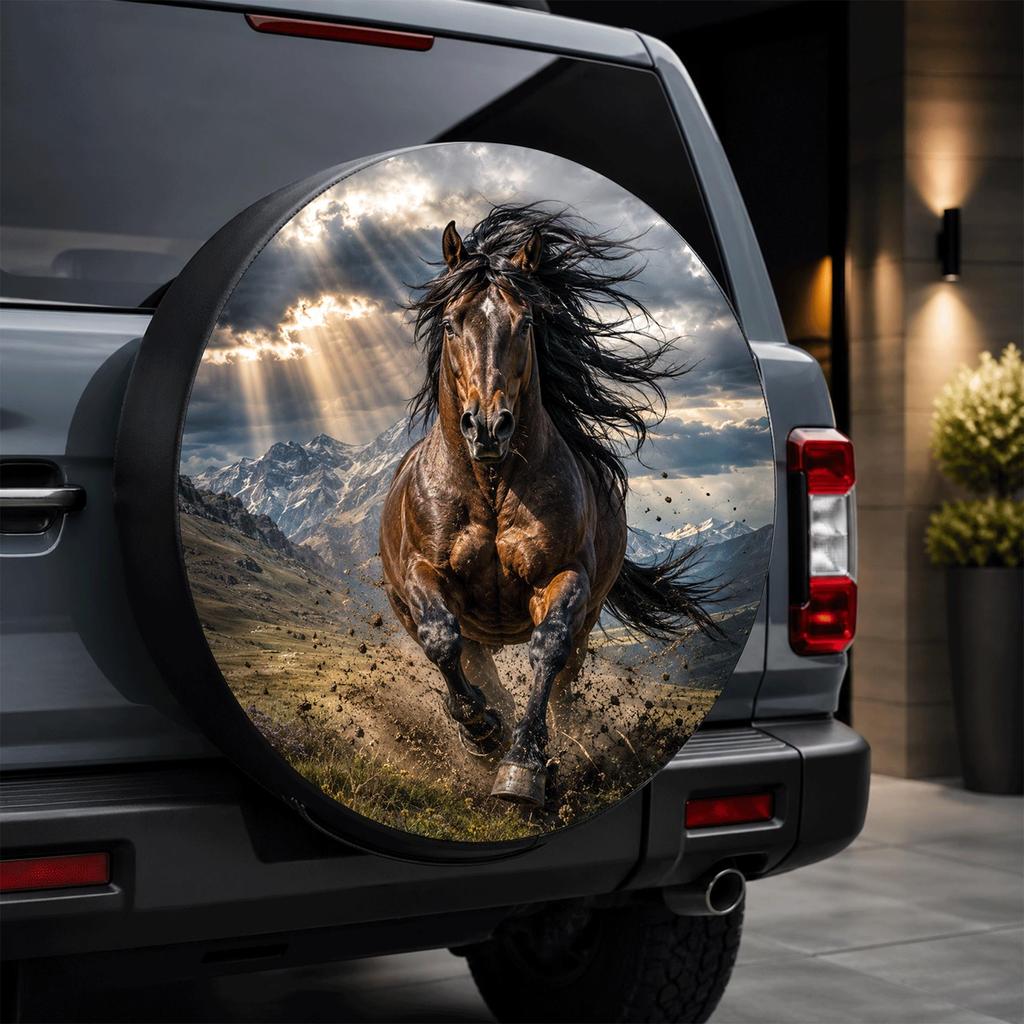 1pc, Galloping Horse Wilderness Style Printed Car Tire Cover, Fashionable Universal Wheel Hub Protector, Spare Tire Protection,