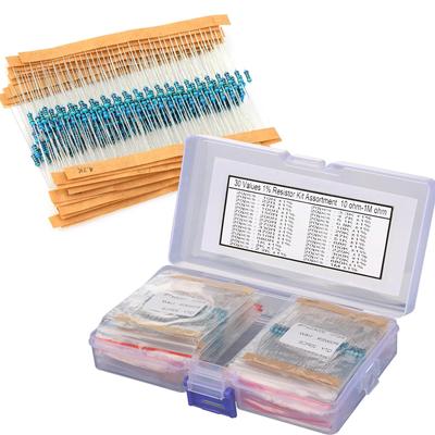 Kit de resistor de filme metálico de 600 peças, kit variado, 30 valores, resistência de resistor de filme metálico 1/4 W 1 ohm-10 Mohm, tolerância de 1%