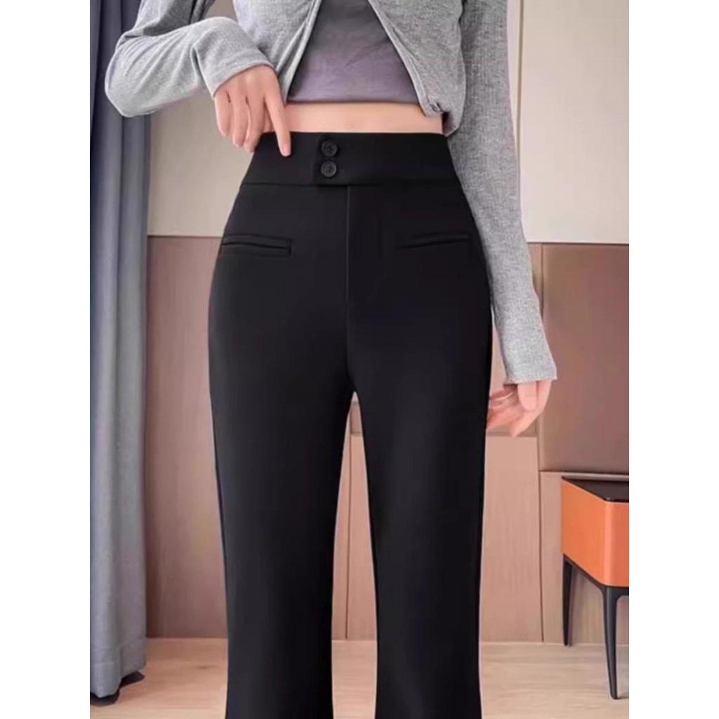 Plus Size Women's Black Fleece-Lined High Waist Micro-Flare Pants - Stretchy, Slimming, Bell Bottoms for Curvy Figures In Spring/Autumn.