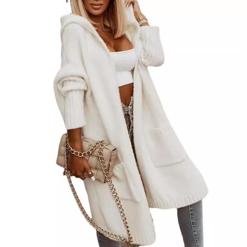

Women s Autumn and Winter Long Sleeve Lapel Hooded Long Cardigan Loose Sweater Jacket XXXL білий