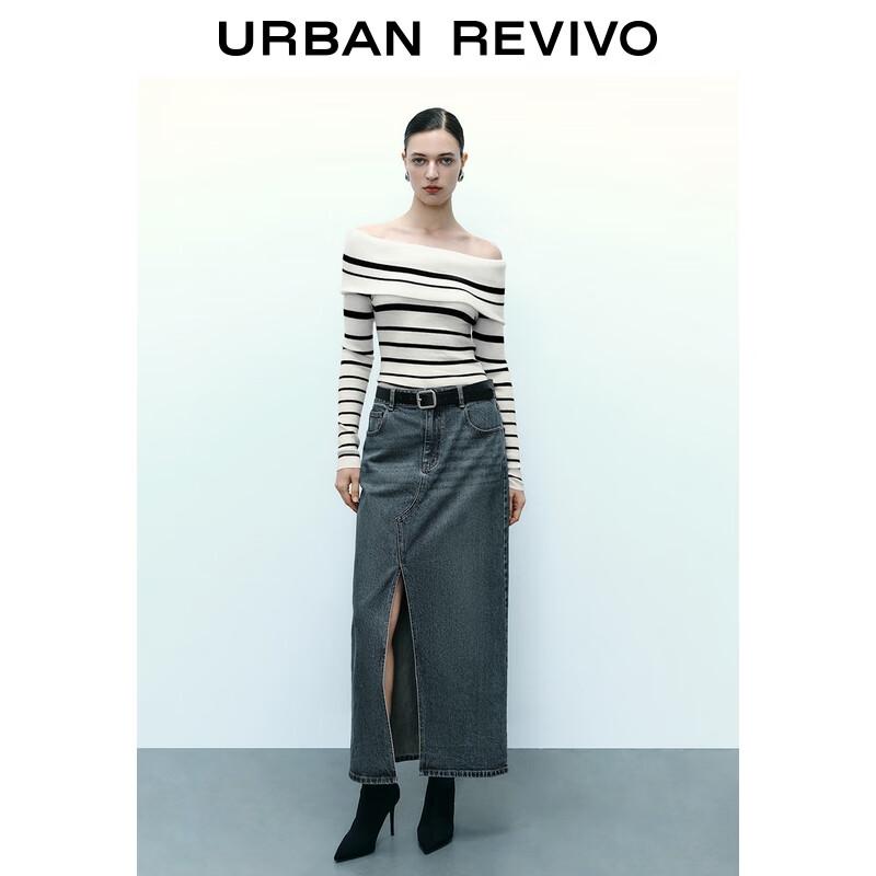 

UR 2025 Осень Женский Трикотажный Свитер в Морском Стиле в Полоску с Открытыми Плечами XL