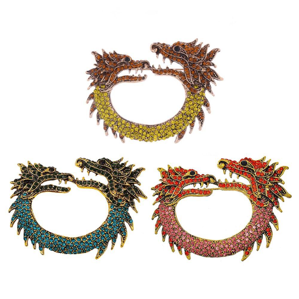 Rhinestone Chinese Loong Brooch Aesthetic Double Head Dragon Badge Zodiac Dragon Pin  Trousers