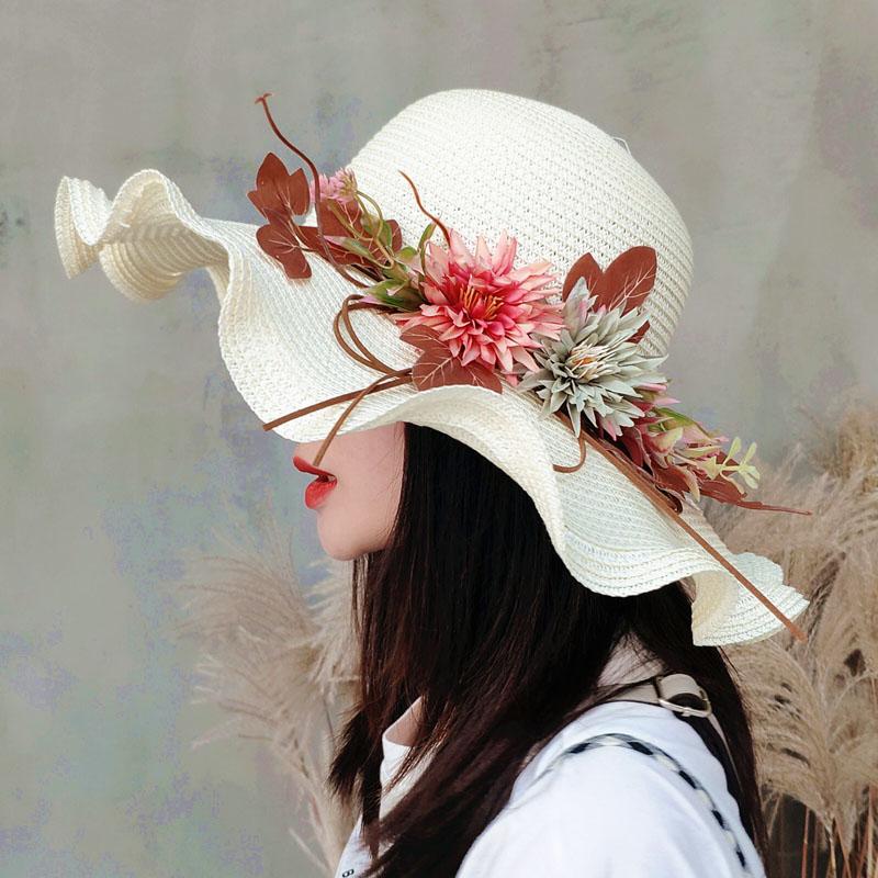 Sommer Damen Strohhut mit Blumen Breiter Rand Welliger Rand Strohhut Panama Hüte Damen Dame Outdoor Faltbare Strand Sonnenkappe