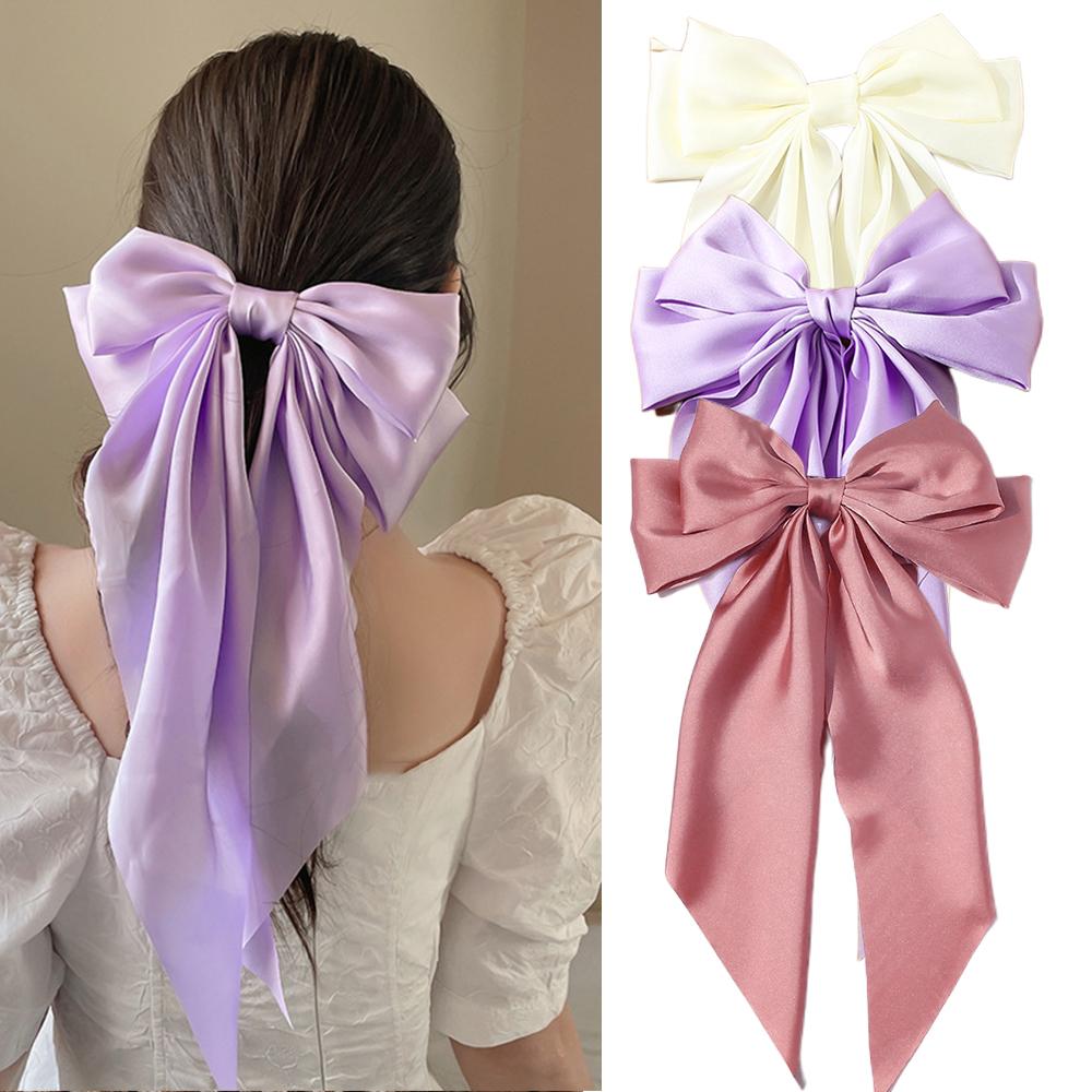 Korean Accessories Hair Clips for Women Girls Big Bowknot Solid Satin Long Ribbon Bows Spring Clamp Barette Cheveux Femme 2026