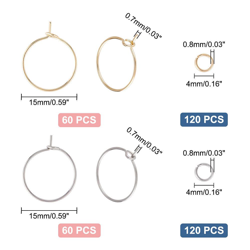 120Pcs 2 Color 316 Surgical Stainless Steel Hoop Earring Findings Wine Glass Charms Rings with 240Pcs 304 Stainless Steel Jump Rings