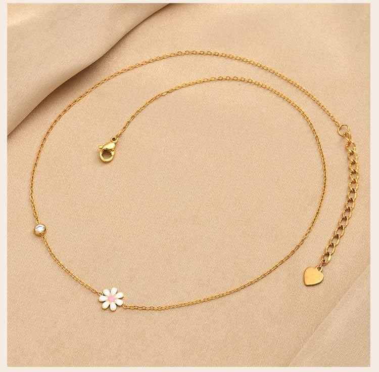 Enamel Daisy Flower Necklace,Stainless Steel Thin Link Bezel CZ Chain,Waterproof Tarnish Free Gift for Women
