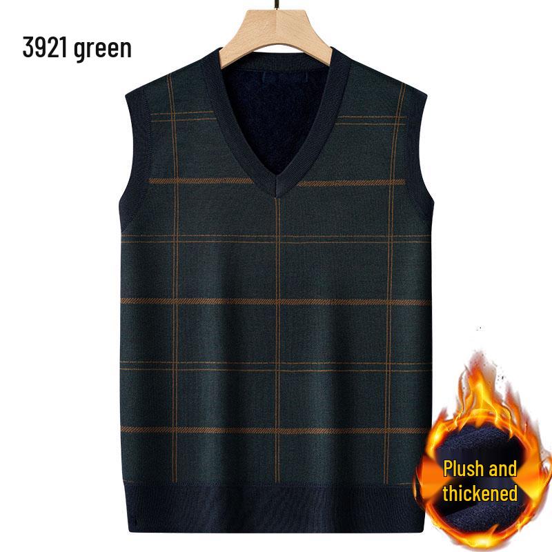 Dad's Fleece-Lined Sweater Vest: Warm Knitted Base Layer for Middle-aged and Elderly Men in Autumn and Winter.