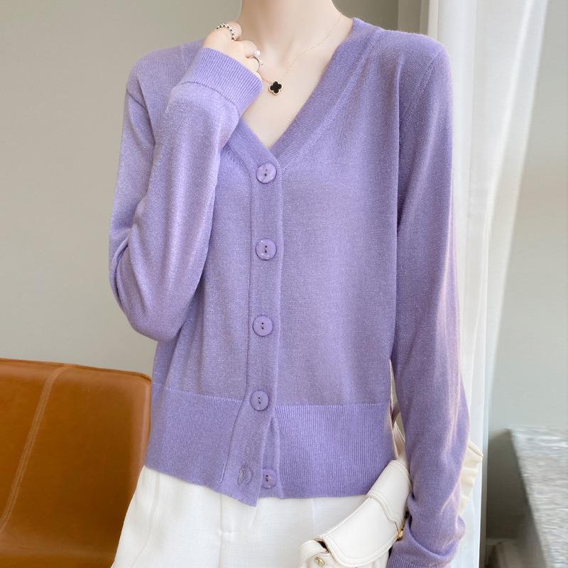 Women's Flashing V-Neck Knitted Cardigan - Lightweight Autumn Sweater, Stylish Short Outerwear, Air-Conditioning Top