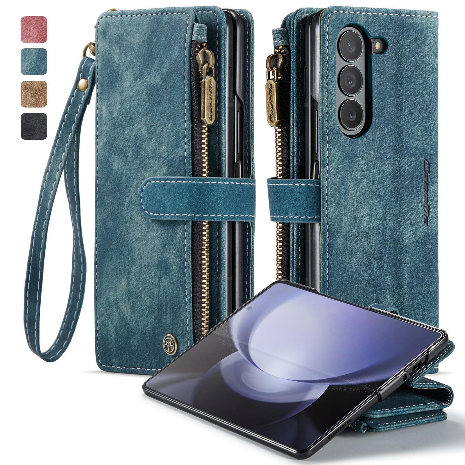Leather Case for Samsung Galaxy Z Fold 7 Fold6 5 4 3 5G W23 W22 Card Holder Magnetic Buckle Wallet Phone Cover with Hand Strap ZFold7 синий
