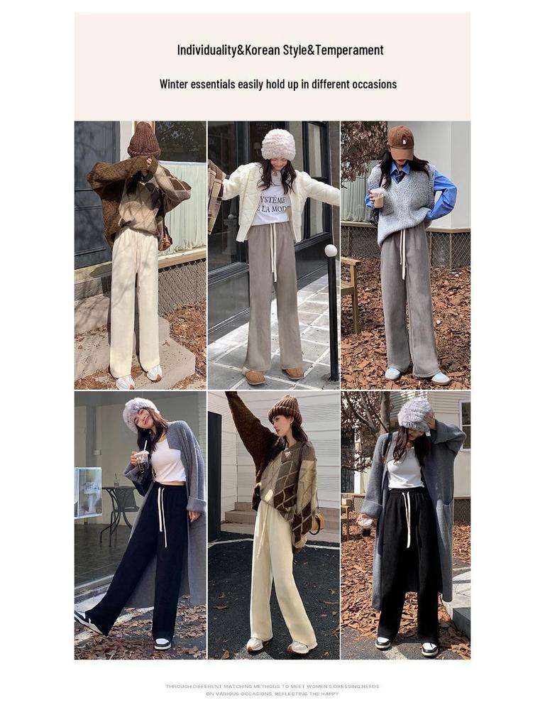 YX Dámské pletené kalhoty se širokými nohavicemi s fleecovou podšívkou - S vysokým pasem, zeštíhlující, žebrované, teplé, podzimní/zimní ležérní oblečení