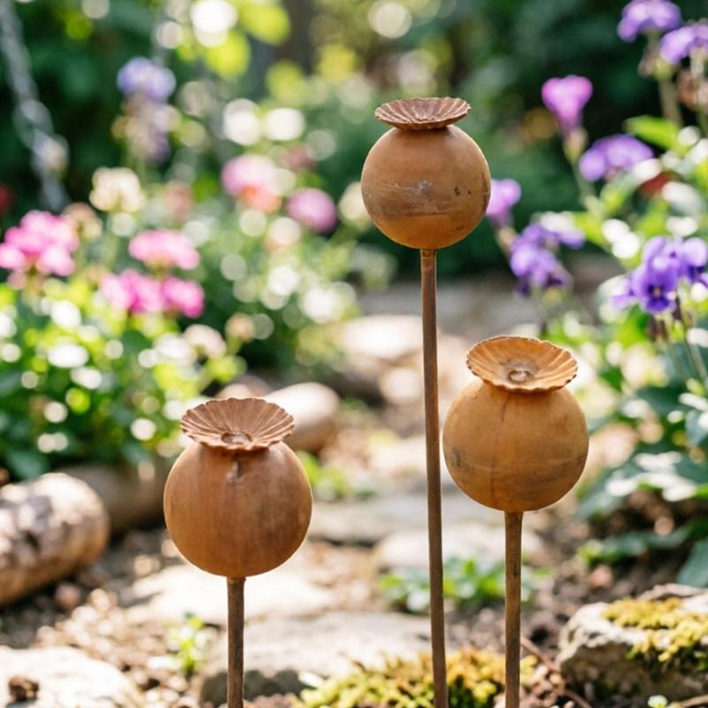 3Pcs Rusty Flower Shape Metal Flower Pot Decorative Stakes Freestanding Outdoor Garden Decoration for Balcony Courtyards