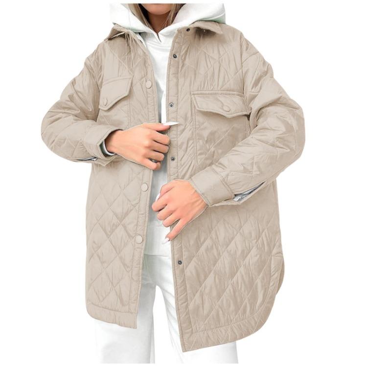 Thickened Warm Cotton Coat Women Long Loose Button Down Lapel Diamond Pattern All Season