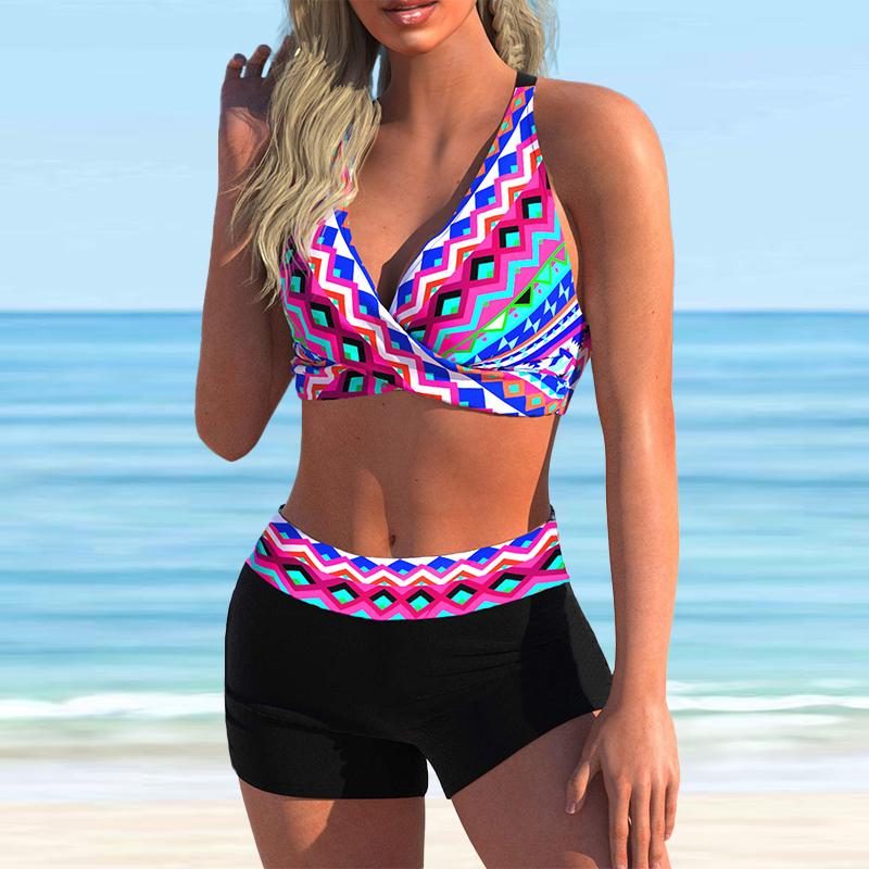 Dámské plavky s popruhem přes rameno Světle modré s přechodem květinovým potiskem Bikini plavky tankiny