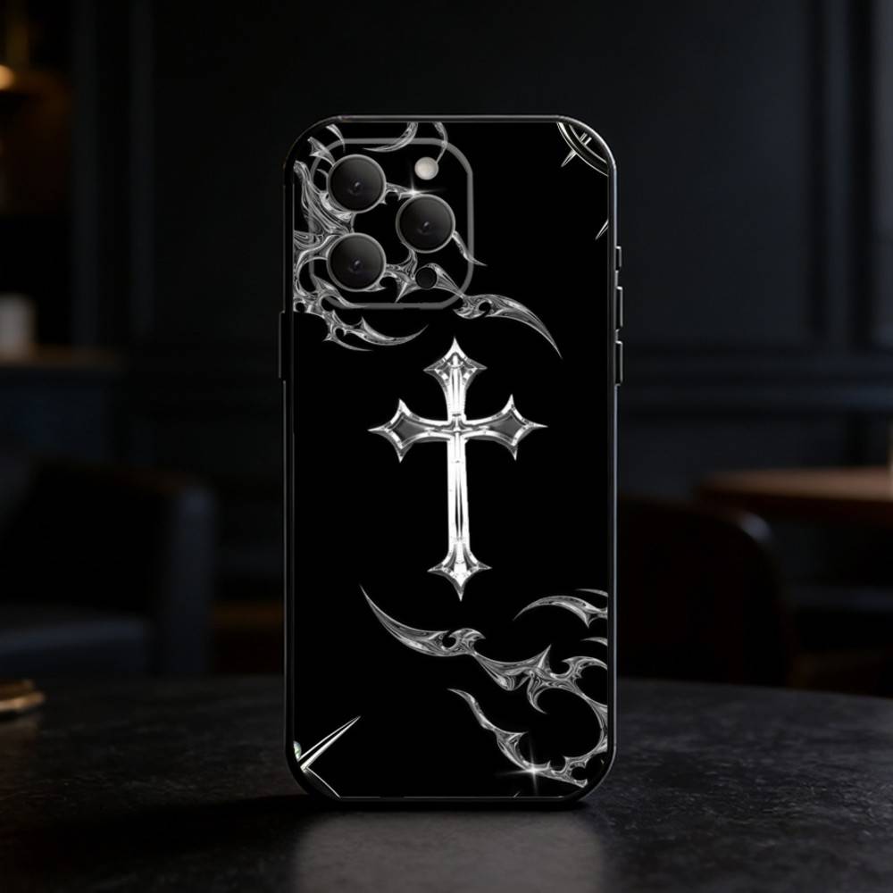 Gothic Cyber Sigil Cross Eyes Skull Phone Case For iPhone 17,16,15,14,13,12,11 Plus,Pro Max,SE4Soft Silicone Black Cover