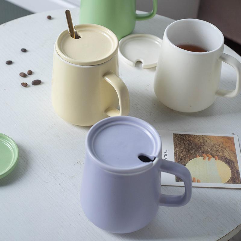 Nordic Ceramic Ns Wind Mug Creative with Lid with Spoon Water Cup Simple Coffee Cup Solid Color Cream Wind Matte