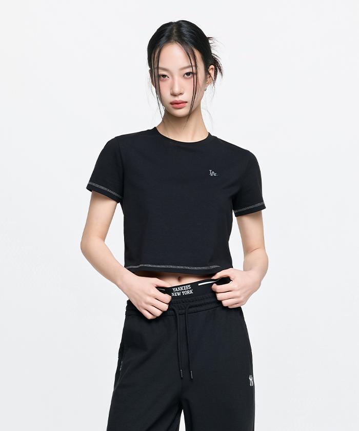 Emelbi Women'S Basic Small Logo Slim Crop Fit Short Sleeve T-Shirt La (Black)