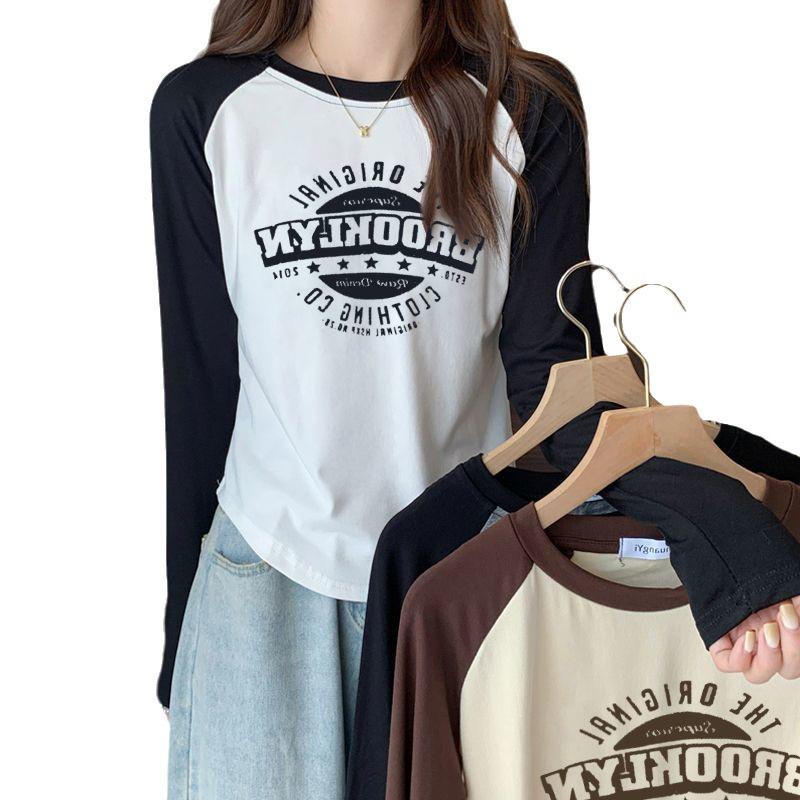 Women's Color Block Raglan Long Sleeve T-Shirt - 2024 Spring/Autumn Slim Fit Spliced Base Top