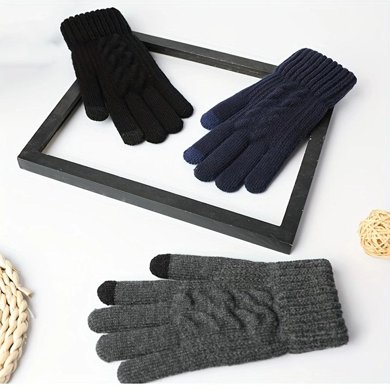 WTEMPO 1Pair Men's Winter Knitted Cold-proof Windproof Full Finger Gloves Touch Screen Fleece Warm Outdoor Cycling Gloves
