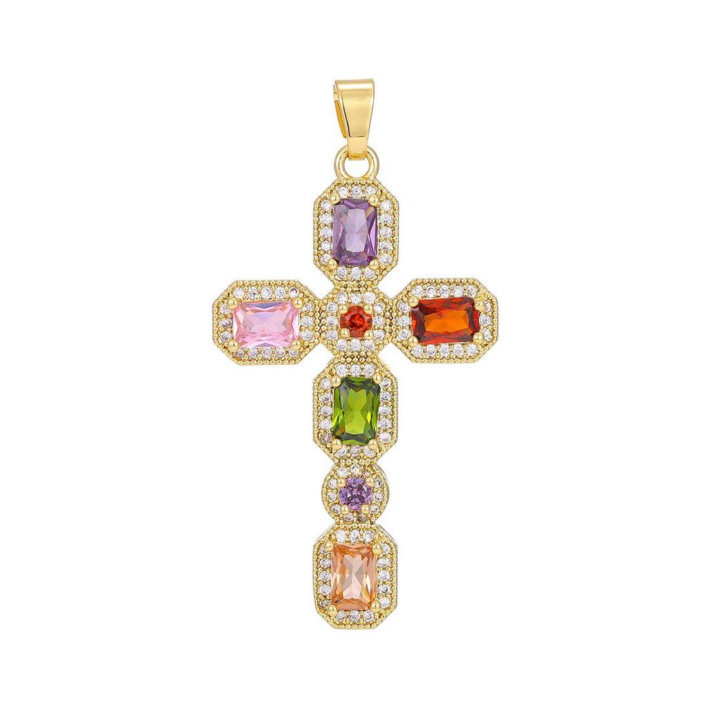 Multicolor Zircon Cross Pendant Necklace with Copper Chain