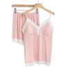 Girls' V-Neck Lace Pajama Set with Built-In Bra - Short Sleeve Camisole Two-Piece