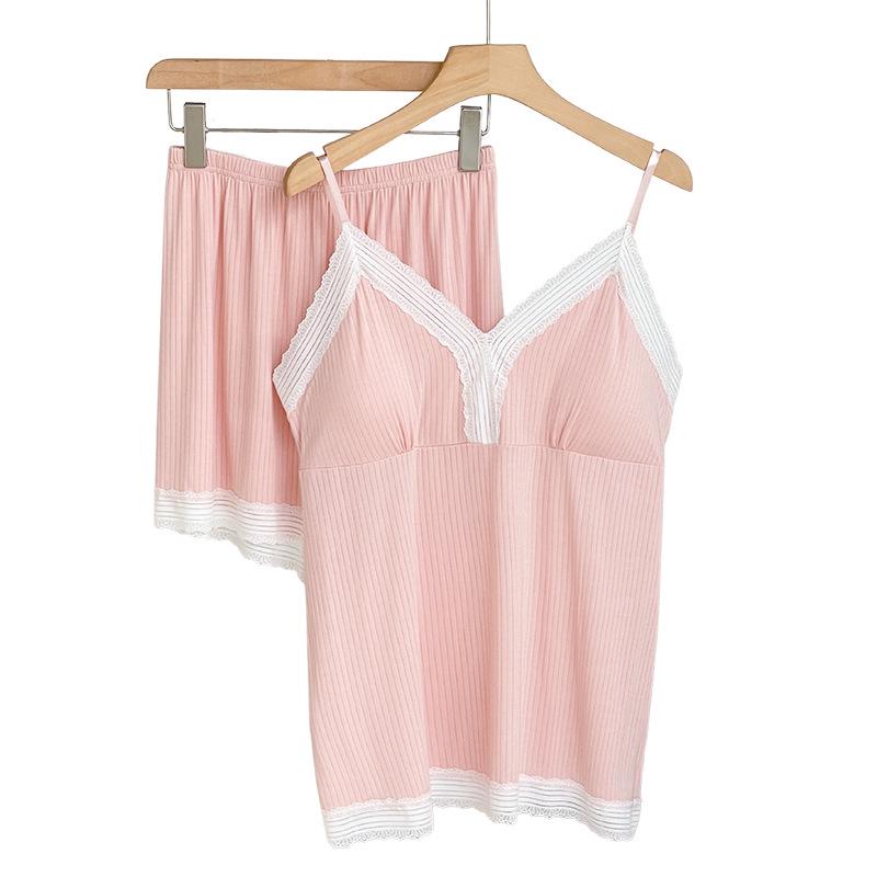 Girls' V-Neck Lace Pajama Set with Built-In Bra - Short Sleeve Camisole Two-Piece