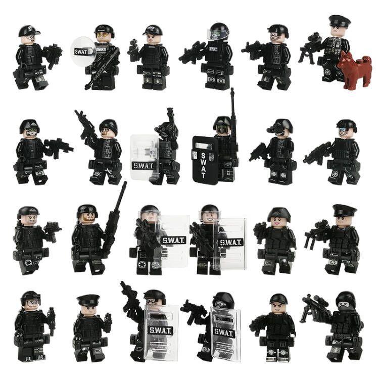 24 Building Block Minifigures Black Swat Special Forces Riot Military Scene Boy Toy Pyp