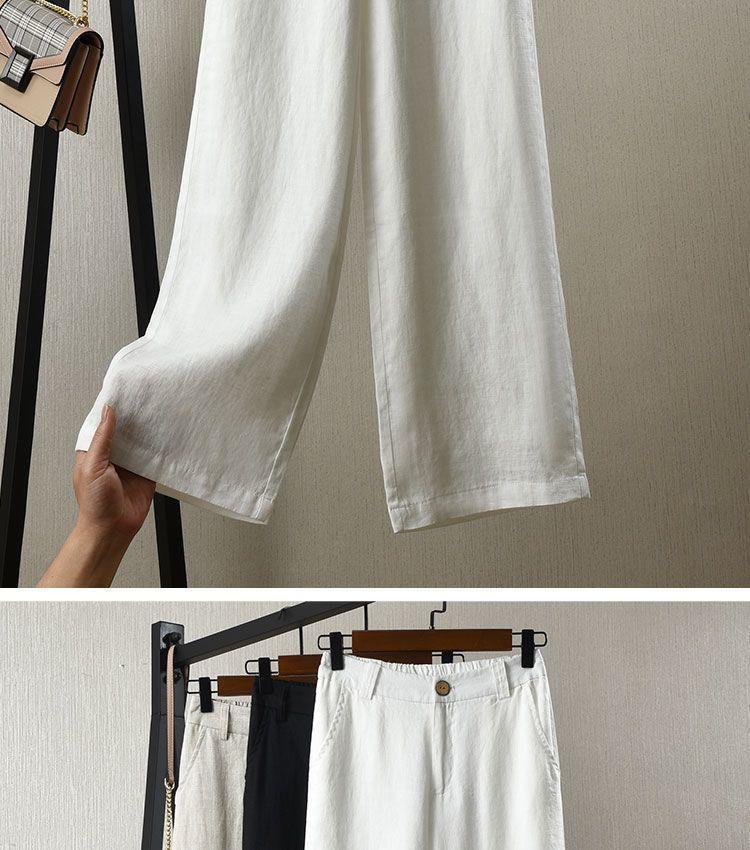 High Waist White Cotton Linen Wide Leg Pants for Women - Loose, Slimming Korean Style