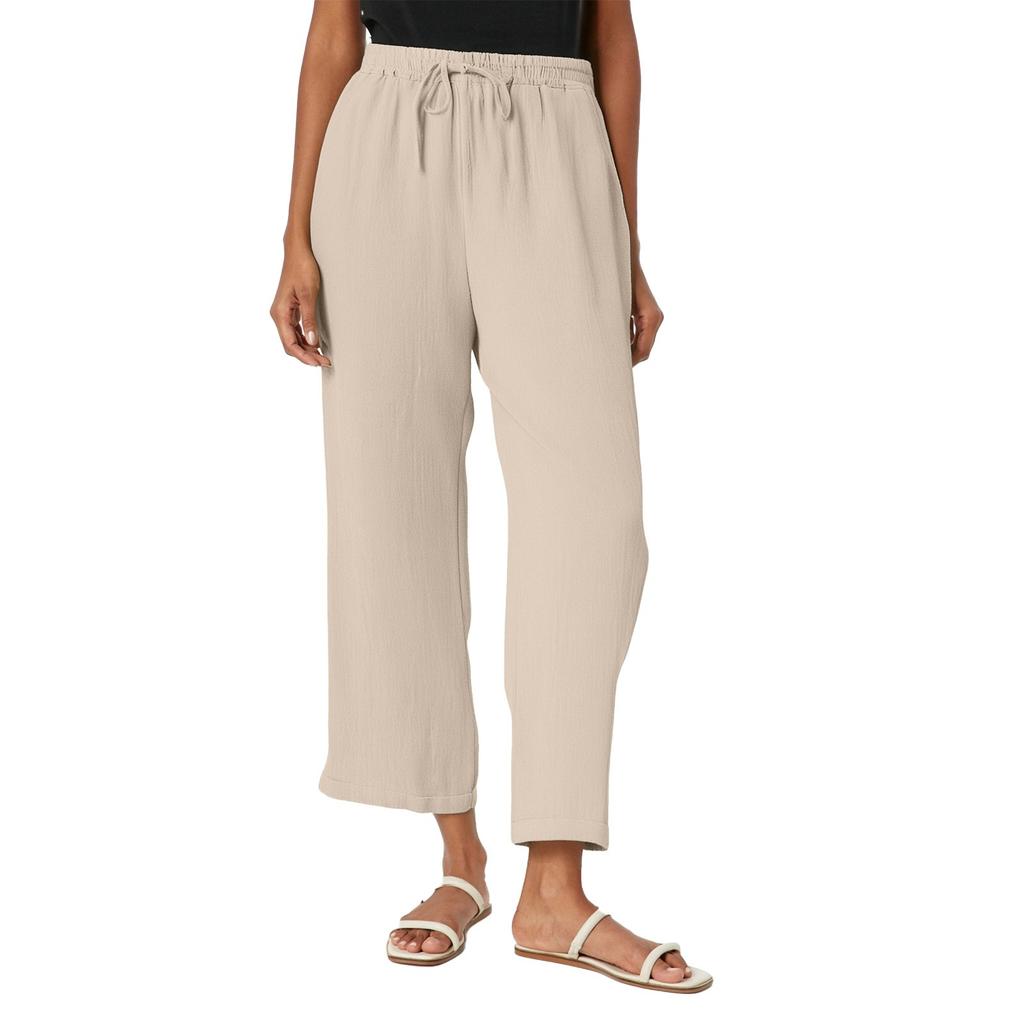 Dámské jednobarevné bavlněné a lněné kalhoty s kapsami a elastickým pasem, volnočasové kalhoty