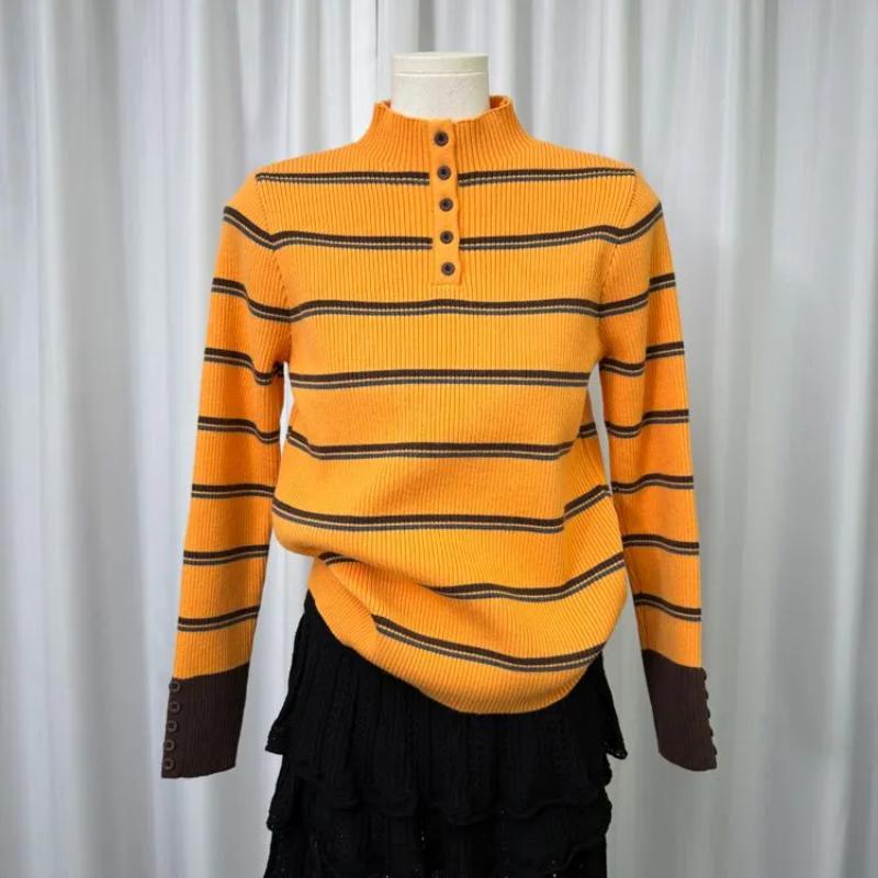 Kontrastowe kolory Swetry w paski w stylu vintage Odzież damska Półwysoki kołnierz Jesień Zima Stylowe zapinane na guziki Wąskie dzianinowe pulowery