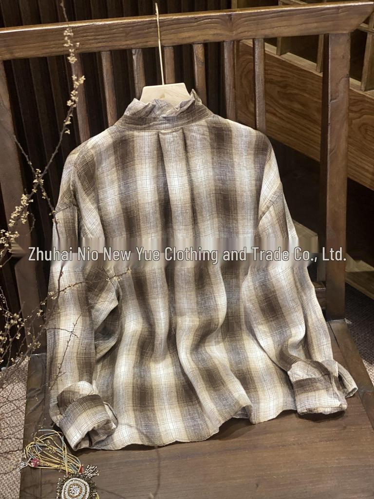 Women's Japanese-Style Coffee Plaid Lace Single-Breasted Shirt - A Little Blue