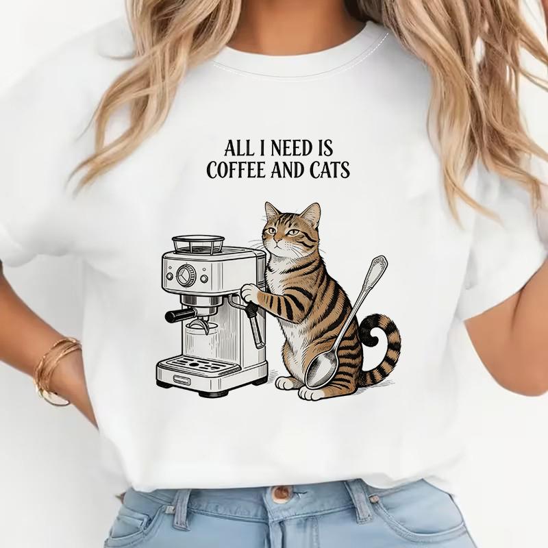 90s Graphic Y2k Tops Tshirt Womens Casual Short Sleeve Tshirt Clothes All My Need Is Coffee and Cat Print T Shirt for Women