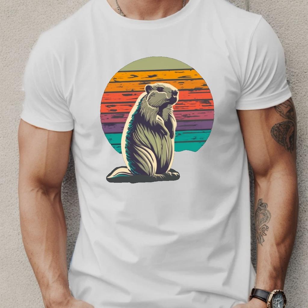 Groundhog Sunset Retro Style Mens Casual TShirt Short Sleeve Cotton Graphic Tee