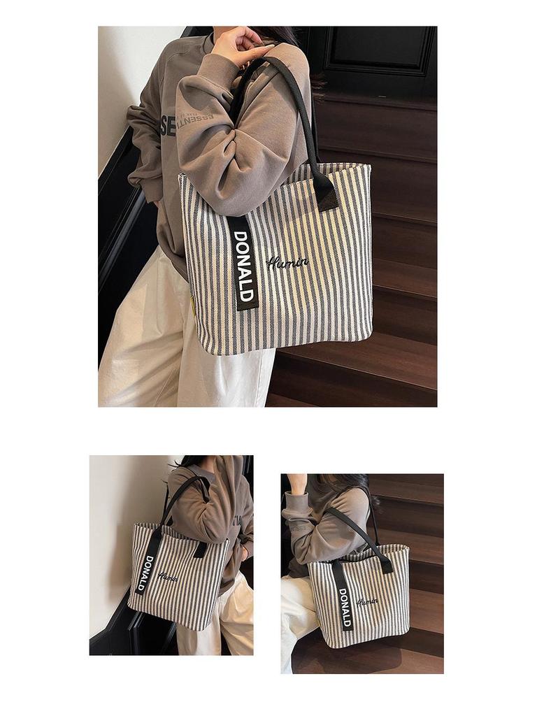 Bolsa de Ombro de Lona Listrada de Grande Capacidade para Mulheres - Tote Versátil para Estudantes e Pendulares