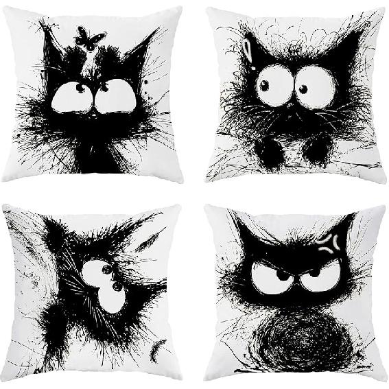 Funny Black Cat Throw Pillow Covers 18x18 Set of 4, Cartoon Gothic Pet Pillow Cases Kit with Zipper, Fun Kids Goth Cat Pillows for Cat Lovers Velvet